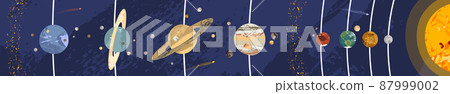 Solar system poster. Sun, Mercury, Venus, Earth, Moon, Mars, Jupiter, Saturn, Uranus, Neptune. Planet, satellite, asteroid belt, comet. Astronomy, astrophysics. Vector flat cartoon cosmic illustration 87999002