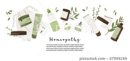 Homeopathy, naturopathy. Complementary, alternative, integrative, holistic medicine. Natural organic herb. Apothecary bottle. Vector flat cartoon illustration. Landing page, banner design, flyer 87999289