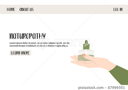 Homeopathy, naturopathy. Complementary, alternative, integrative, holistic medicine. Natural organic herb. Apothecary bottle. Vector flat cartoon illustration. Landing page, banner design, flyer 87999301