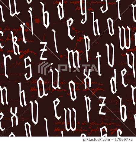 Pattern seamless Gothic style alphabet calligraphy, lettering. Illegible text, ink stains, wine. European Medieval latin letters. Vector background 87999772