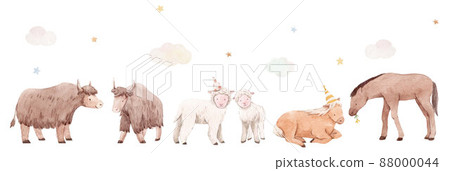Beautiful stock illustration with set of cute watercolor hand drawn animals at the birthaday party. Beautiful stock illustration with set of cute watercolor hand drawn animals at the birthaday party. 88000044