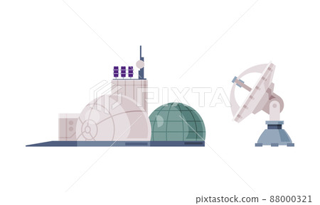 Observatory building and satellite dish. Space industry exploration vector illustration 88000321