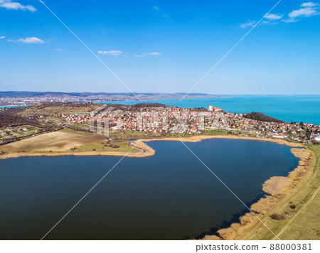View from above of Belso-to lake and Balaton lake. Tihany peninsula, Hungary, Europe 88000381