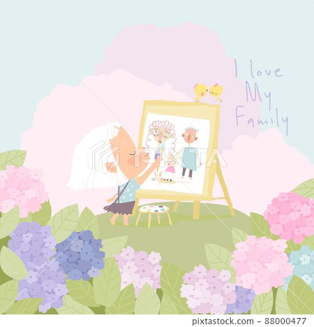 Cartoon Little Girl painting Portrait of Family on Flower Meadow 88000477