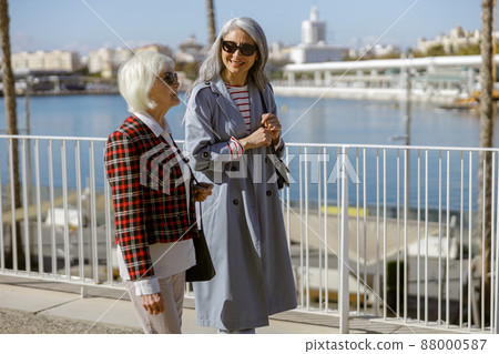 Female friends having conversation on promenade by sea Female friends having conversation on promenade by sea 88000587