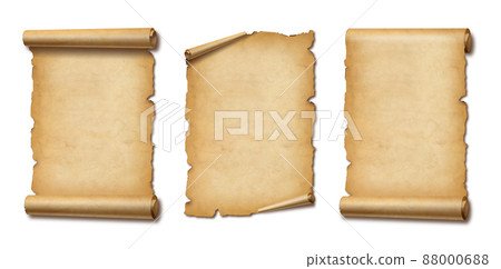 Old Parchment paper scroll set isolated on white with shadow. Vertical banners 88000688