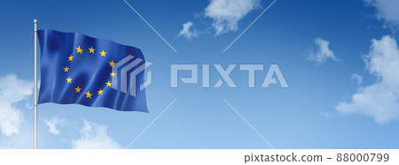 European union flag isolated on a blue sky. Horizontal banner 88000799