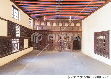 Oriental wooden engraved arabesque decorations with balcony, and decorated lattice wooden windows 88001224