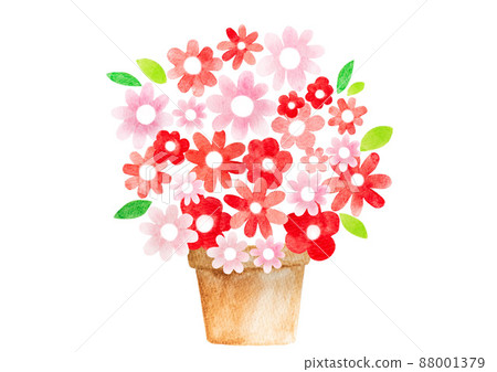 Red and pink flower pot watercolor painting 88001379
