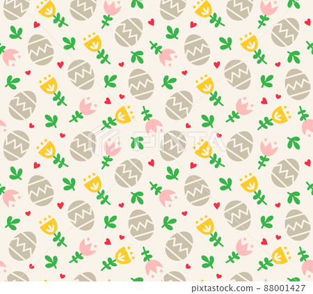 Easter Day flat vector background with flowers, eggs and hearts. A seamless spring pattern design for wrapping paper, wallpapers and fabric Easter Day flat vector background with flowers, eggs and hearts. A seamless spring pattern design for wrapping paper, wallpapers and fabric 88001427