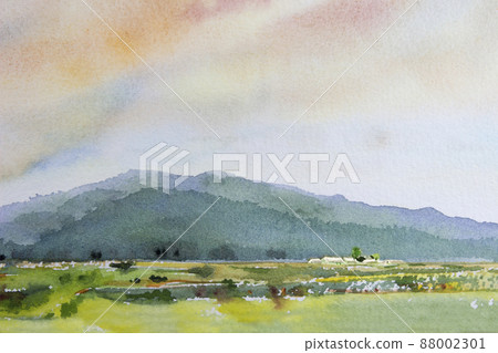Watercolor landscape painting of mountain farm. 88002301