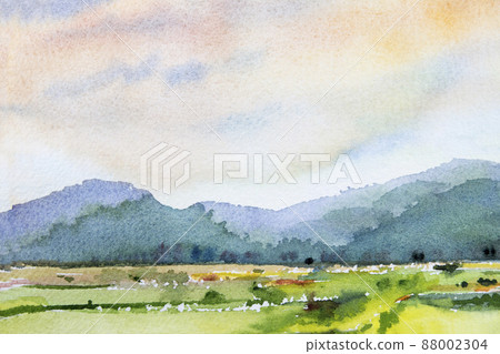 Watercolor landscape painting of mountain farm. Watercolor landscape painting of mountain farm. 88002304