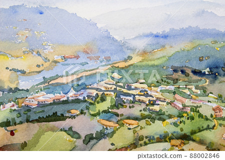 Abstract watercolor painting Village in mountain. Abstract watercolor painting Village in mountain. 88002846
