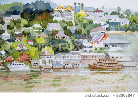 Watercolor painting Mekong River, passenger ship. Watercolor painting Mekong River, passenger ship. 88002847