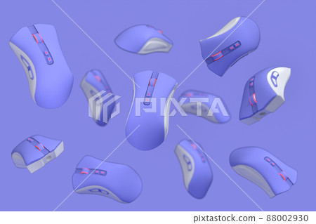 Flying gamer mouse on purple background with blur. 3d rendering of accessories for live streaming concept top view Flying gamer mouse on purple background with blur. 3d rendering of accessories for live streaming concept top view 88002930