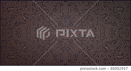 Vector abstract geometric golden background. Art deco wedding, party pattern, geometric ornament, linear style with leaves. Horizontal orientation luxury decoration element. Vector abstract geometric golden background. Art deco wedding, party pattern, geometric ornament, linear style with leaves. Horizontal orientation luxury decoration element. 88002937