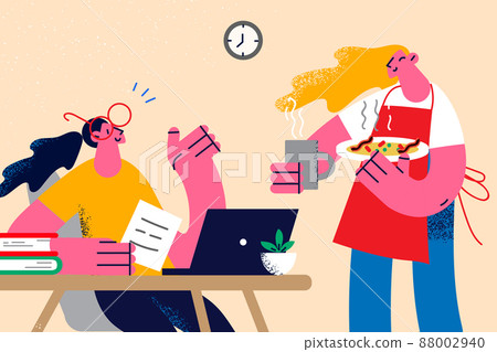Waitress bring food to woman client in restaurant  88002940