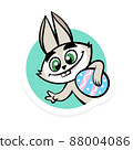 Happy Easter Day Sticker with cute bunny holding egg. Vector rabbit mascot illustration isolated on white background 88004086