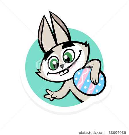 Happy Easter Day Sticker with cute bunny holding egg. Vector rabbit mascot illustration isolated on white background Happy Easter Day Sticker with cute bunny holding egg. Vector rabbit mascot illustration isolated on white background 88004086