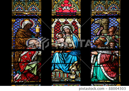 Nativity Scene, Adoration of the Magi, stained glass window in parish church of Saint Mark in Zagreb, Croatia Nativity Scene, Adoration of the Magi, stained glass window in parish church of Saint Mark in Zagreb, Croatia 88004303