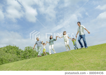 Three generation family playing in the park 88004436