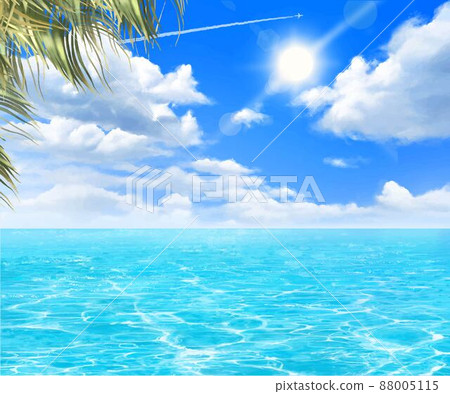 Beautiful frame illustration material of blue sky with refreshing clouds in summer, shimmering waves of the sea and palm trees 88005115