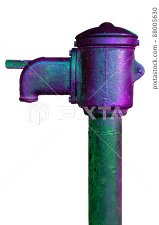 old soviet public iron pump isolated on white background in wicked acid colors 88005630