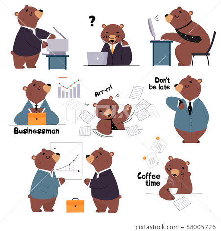 Bear Staff or Office Employee in Tie and Suit at Laptop Executing Task and Drinking Coffee Vector Set 88005726