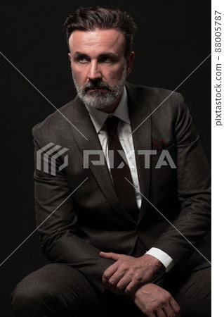 Portrait of a stylish elegant senior businessman with a beard and casual business clothes in photo studio isolated on dark background gesturing with hands 88005787