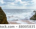 High Tides Coming on to the Rocky Shores of Costa Brava in Spain, cloudy weather 88005835