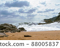 High Tides Coming on to the Rocky Shores of Costa Brava in Spain, cloudy weather 88005837