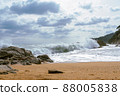 High Tides Coming on to the Rocky Shores of Costa Brava in Spain, cloudy weather 88005838