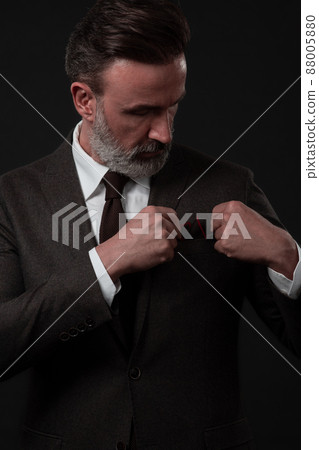 Portrait of a stylish elegant senior businessman with a beard and casual business clothes in photo studio adjusting suit 88005880