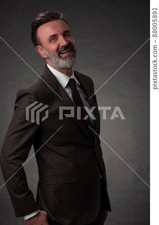 Portrait of a stylish elegant senior businessman with a beard and casual business clothes in photo studio isolated on dark background gesturing with hands 88005891