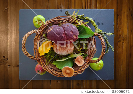 Boletus in a wicker basket on a slate Boletus in a wicker basket on a slate 88006071
