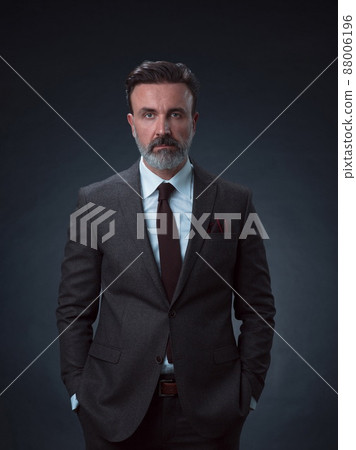 Portrait of a stylish elegant senior businessman with a beard and casual business clothes in photo studio isolated on dark background gesturing with hands 88006196