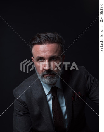 Portrait of a stylish elegant senior businessman with a beard and casual business clothes in photo studio isolated on dark background gesturing with hands 88006358