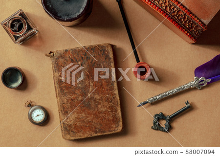 Vintage pipe, notebook, watch and key. Private detective investigation 88007094