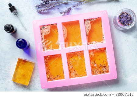 Organic handmade soap, overhead flat lay shot. Diy cosmetics, the process 88007113