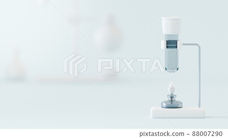 White test tube and lamp on blue-green background in lab. Space for banner and logo. Minimal and pastel tones concept, 3D render 88007290