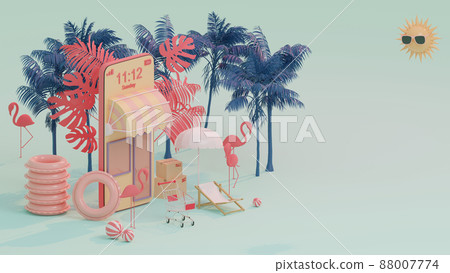 3d rendering box podium palm leaves with summer background. 88007774