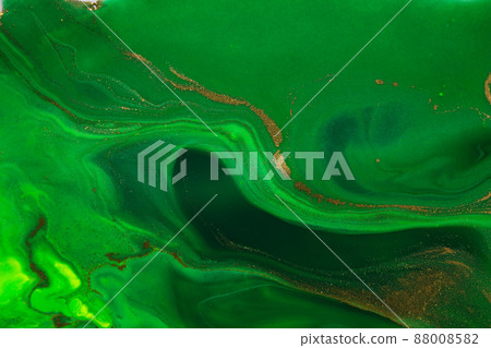 Gold spots on liquid green wave abstract background. 88008582