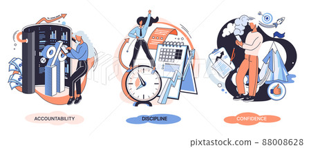 Personal quality concept vector illustrations set. Confidence, accountability and discipline. Creative metaphor Personal quality concept vector illustrations set. Confidence, accountability and discipline. Creative metaphor 88008628