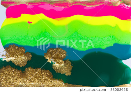 Abstract liquid ink gradient pattern with gold dust. Fluorescent liquid bright texture. 88008638