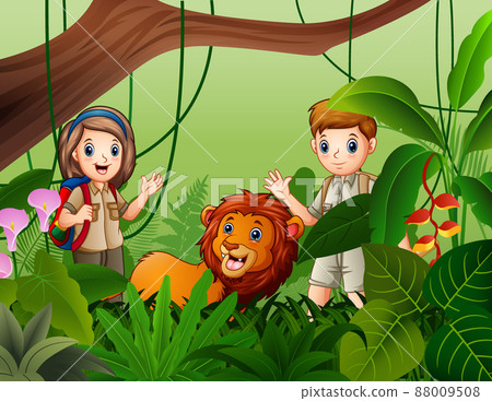 Illustration of zookeeper boy and girl with a lion in the jungle Illustration of zookeeper boy and girl with a lion in the jungle 88009508