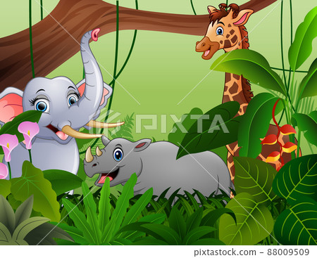 Cartoon wild animal in the bushes of the trees Cartoon wild animal in the bushes of the trees 88009509