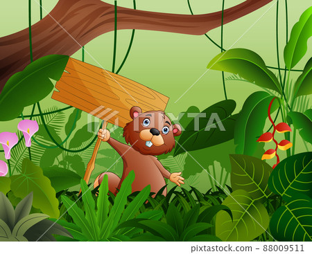 Cute a beaver holding wooden sign in the bushes - Stock Illustration ...