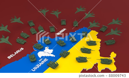 3d stylized schemitic map of Ukraine surrounded with russian tanks and military aircrafts 3d stylized schemitic map of Ukraine surrounded with russian tanks and military aircrafts 88009743