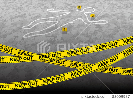 用「禁止進入」膠帶和粉筆繪製的人形犯罪現場 用「禁止進入」膠帶和粉筆繪製的人形犯罪現場 88009987