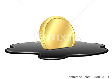 Golden coin drawn in spilled puddle of crude oil. Oil industry crisis concept. 88010091